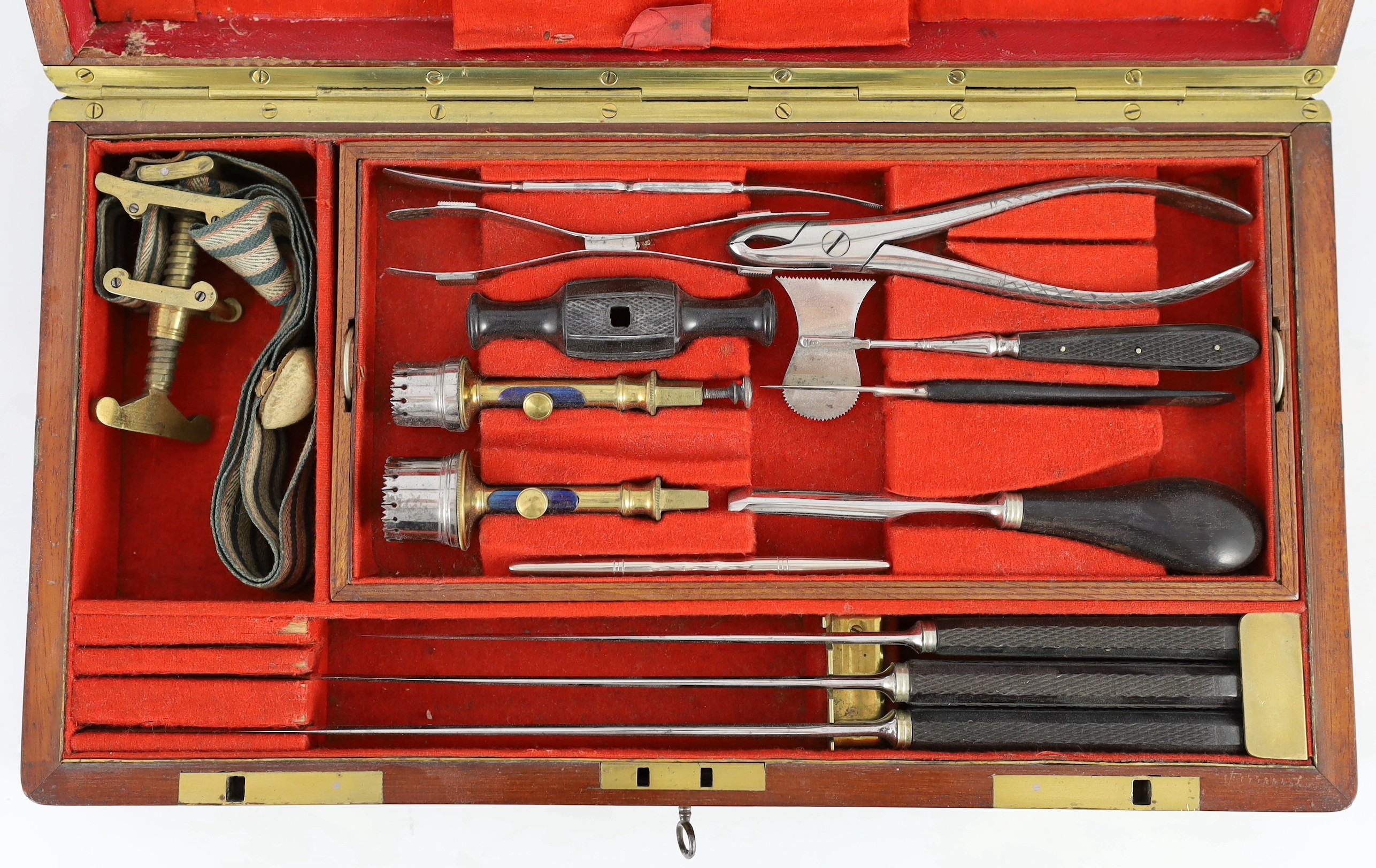 A Victorian mahogany cased field surgeon's set by Salt & Son of Bull Lane, London, 41 x 22cm, 7.5cm high